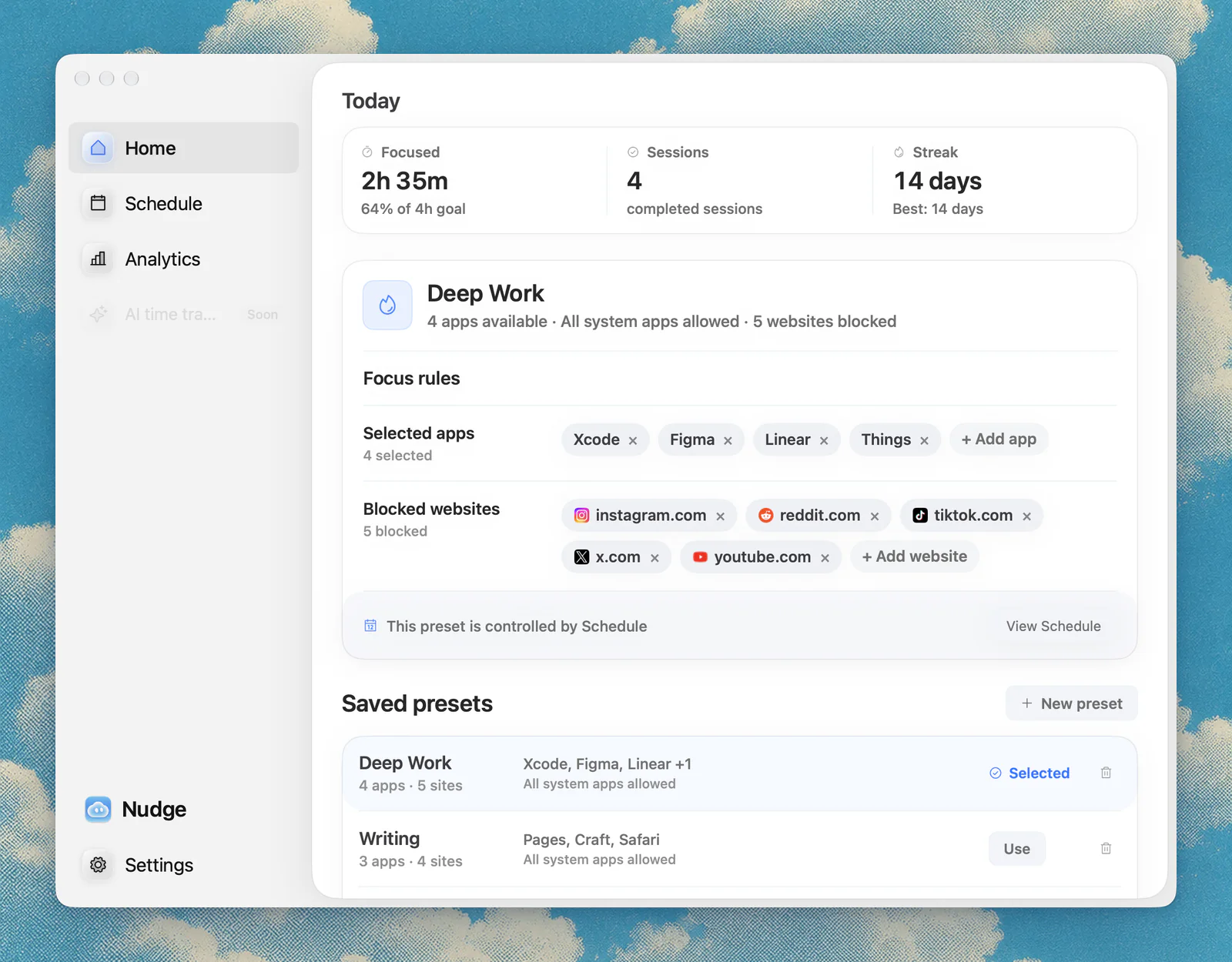 Nudge Home screen: the Deep Work preset with its app list and five blocked websites