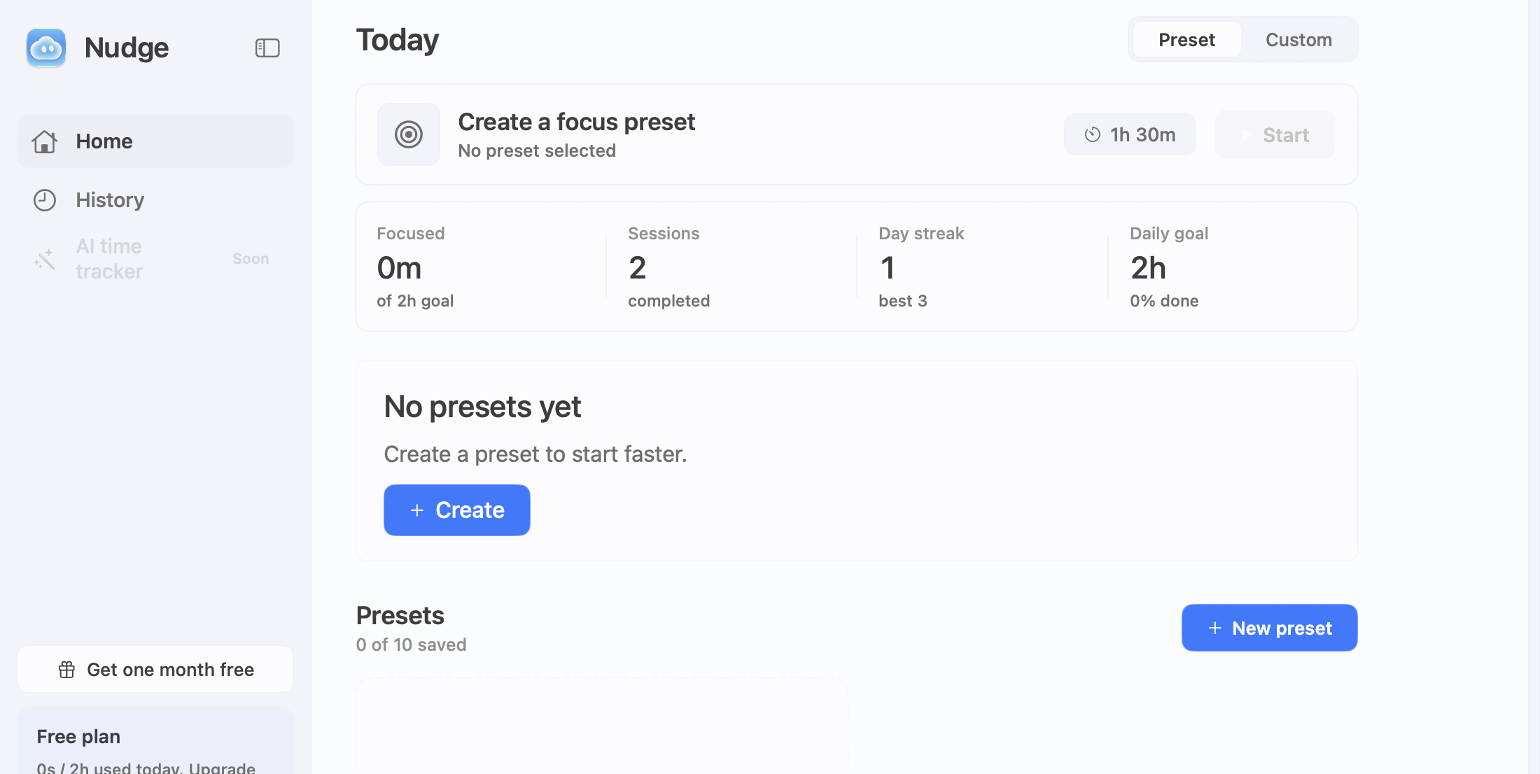 The real Nudge Preset screen for creating and starting saved focus presets