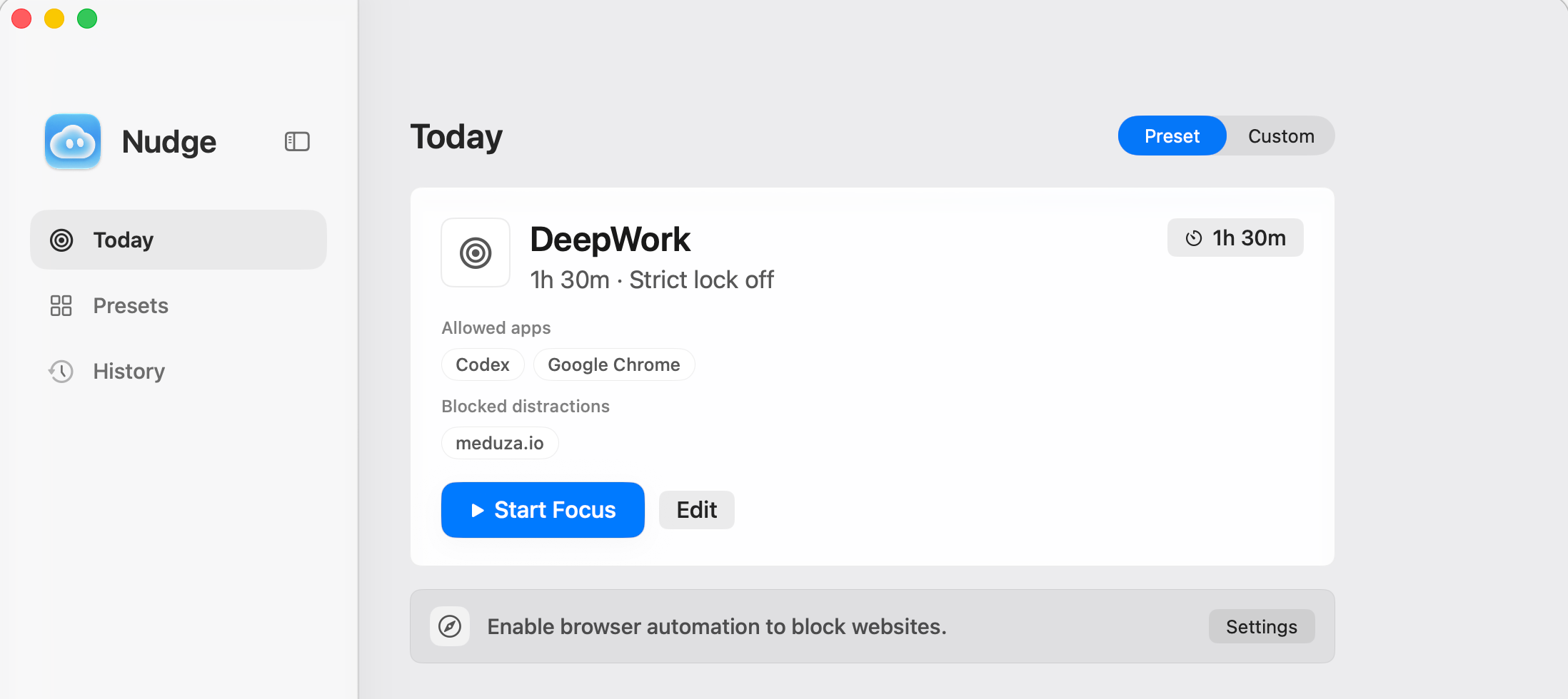 Nudge app Today screen with a DeepWork focus preset